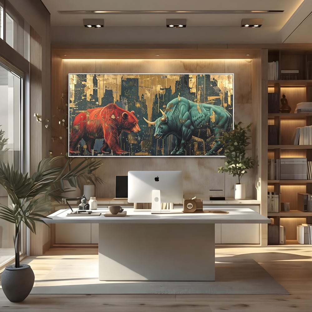 Tablou canvas cu tablou canvas cu taur si urs, in rama de aluminiu argintiu, pe perete intr-un birou